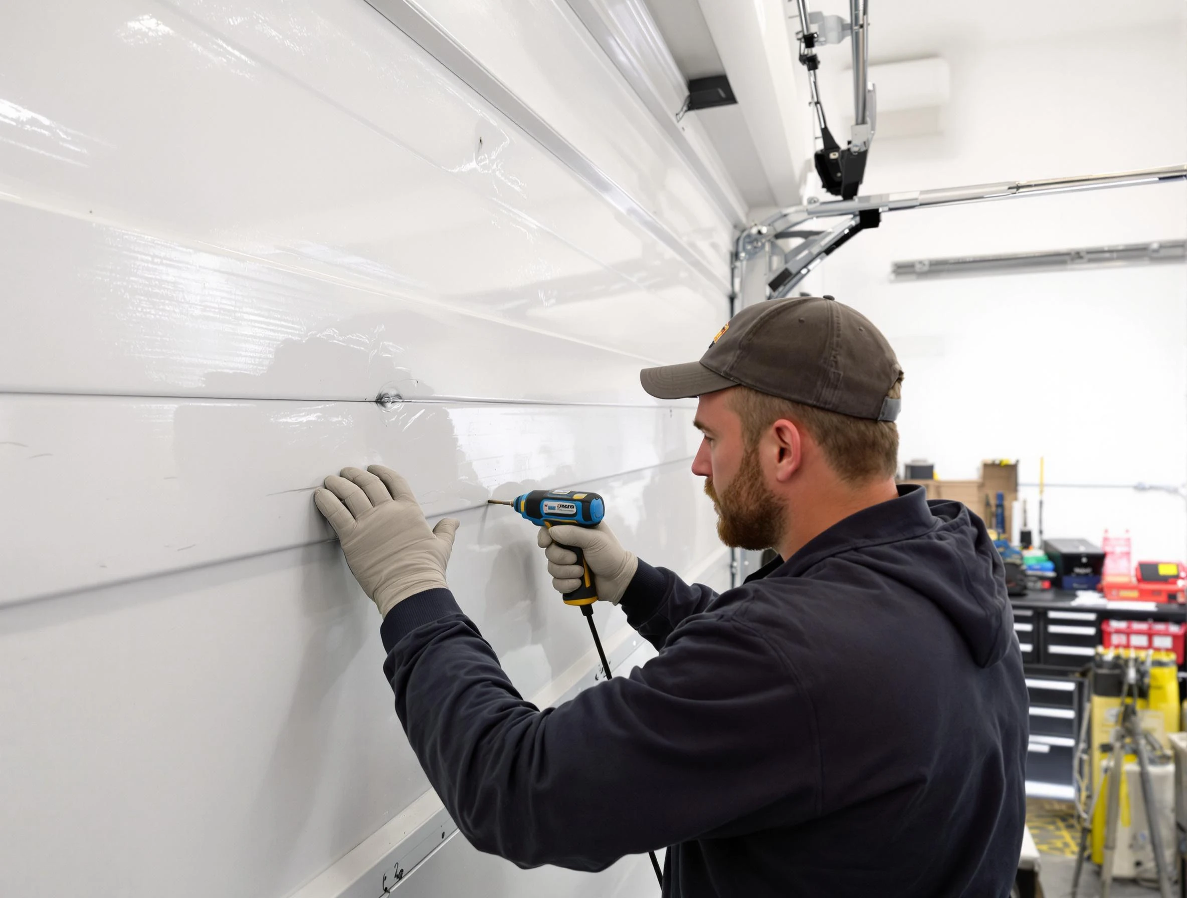 Farmington Garage Door Repair technician demonstrating precision dent removal techniques on a Farmington garage door